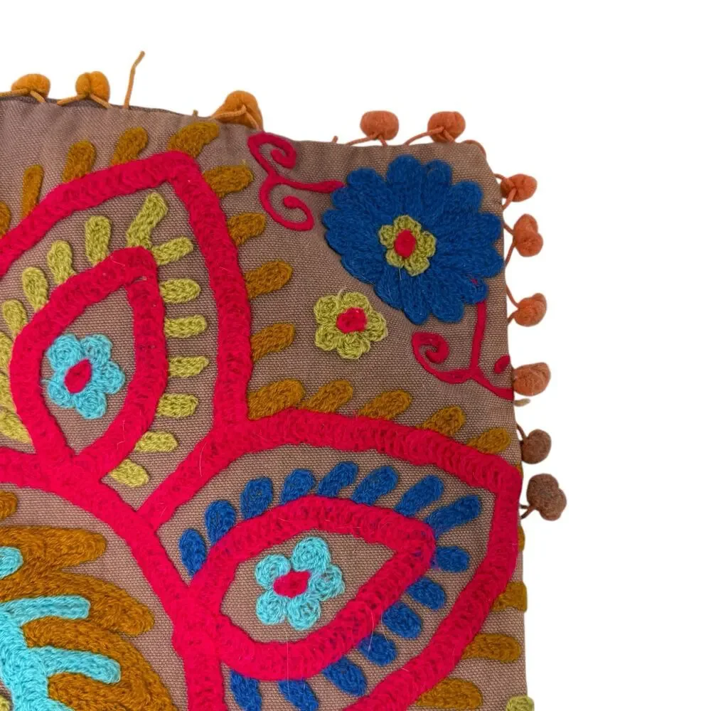Hand Embroidered‎ Decorative Square Pillow Cover Bohemian Boho Style 15 x 16 in
